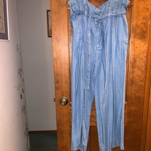 Zara Soft Denim Pants Blue M High Waisted Tie